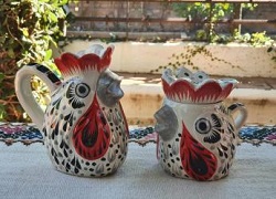 mexico-ceramics-pottery-rooster-creamer-and-sugar-set-majolica-hand-painted-mexico-black