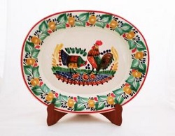 ceramica mexicana pintada a mano majolica talavera libre de plomo Platon Sin Recortar<br>Familia Gallos<br>en Colores Verde-Nacar