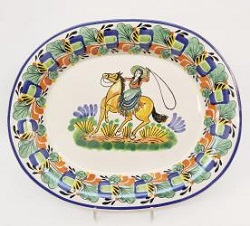 ceramica mexicana pintada a mano majolica talavera libre de plomo Platon Sin Recortar<br>Charra II<br> en Colores Azul-Verde