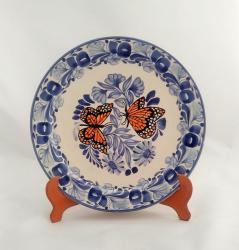 ceramica mexicana pintada a mano majolica talavera libre de plomo Plato Extendido 26 Cms<br>Mariposa Monarca<br>Azul-Naranja