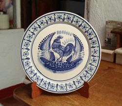 ceramica mexicana pintada a mano majolica talavera libre de plomo Platon Recortado<br>Gallo Azul