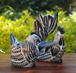 decorative-rooster-hen-chickens-table-ceramic-figures-handpainted-mexico-black